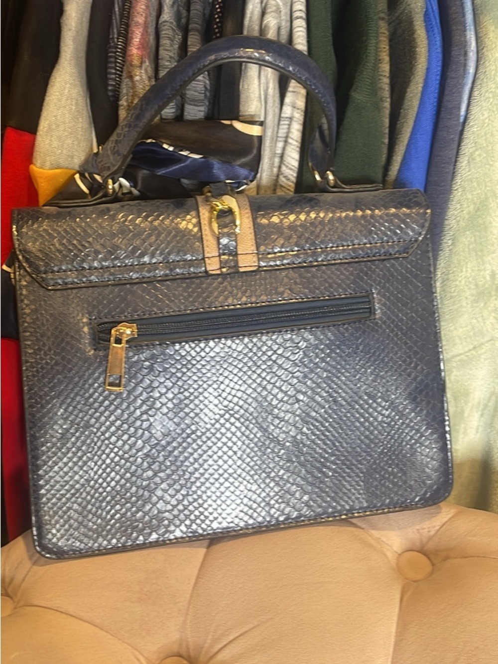 ALDO Navy and Tan Top-Handle Satchel with Chain-Print Scarf - Picture 2 of 3
